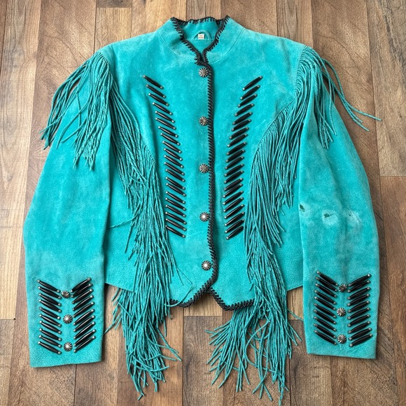 Vintage Cripple Creek Turquoise Suede Leather Fringe Western Jacket Womens 2XL - Picture 1 of 15